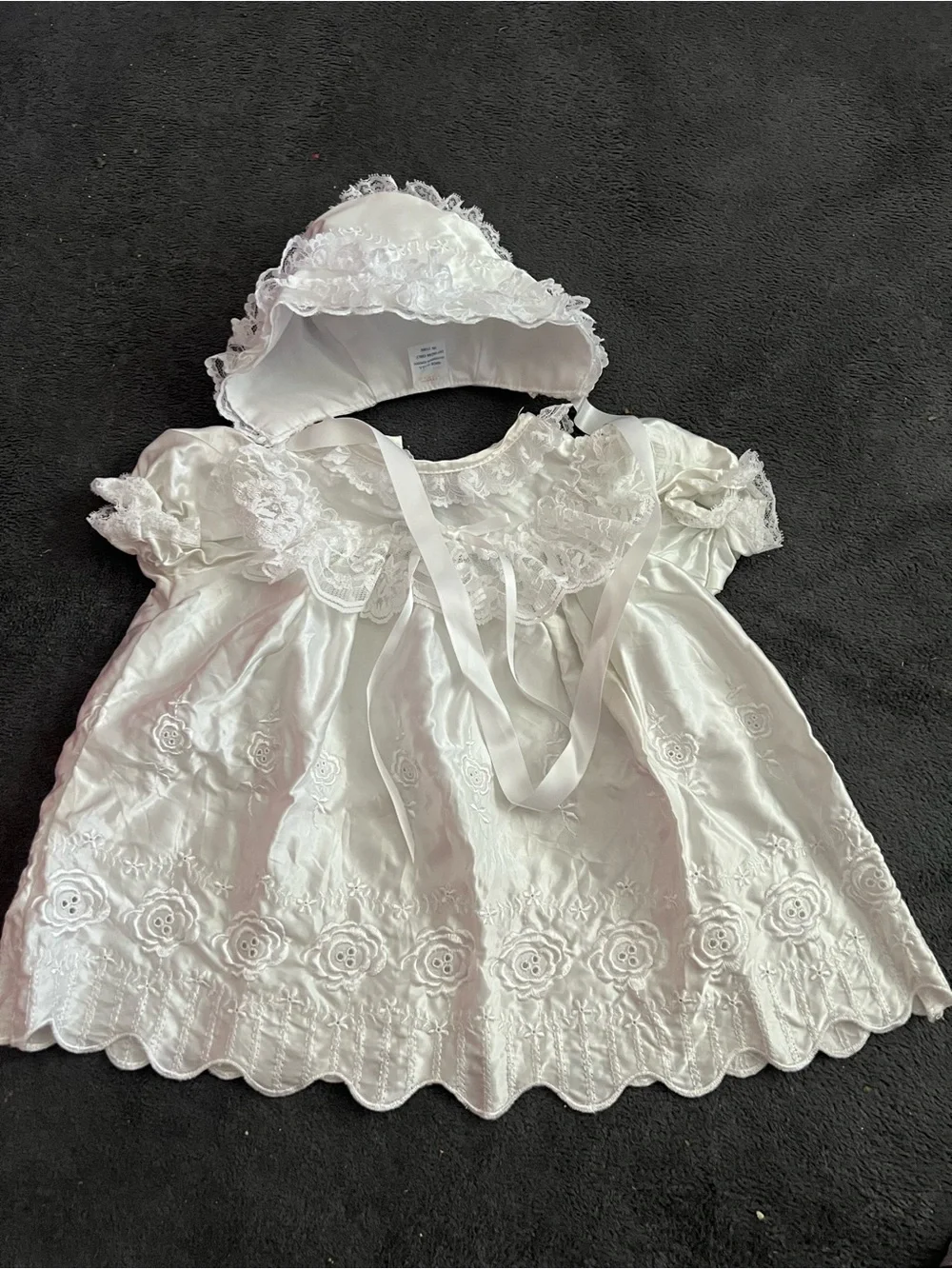 Vintage White Baptism Christening Dress Bonnet Set 6-9M Lace Rose Embroidered
